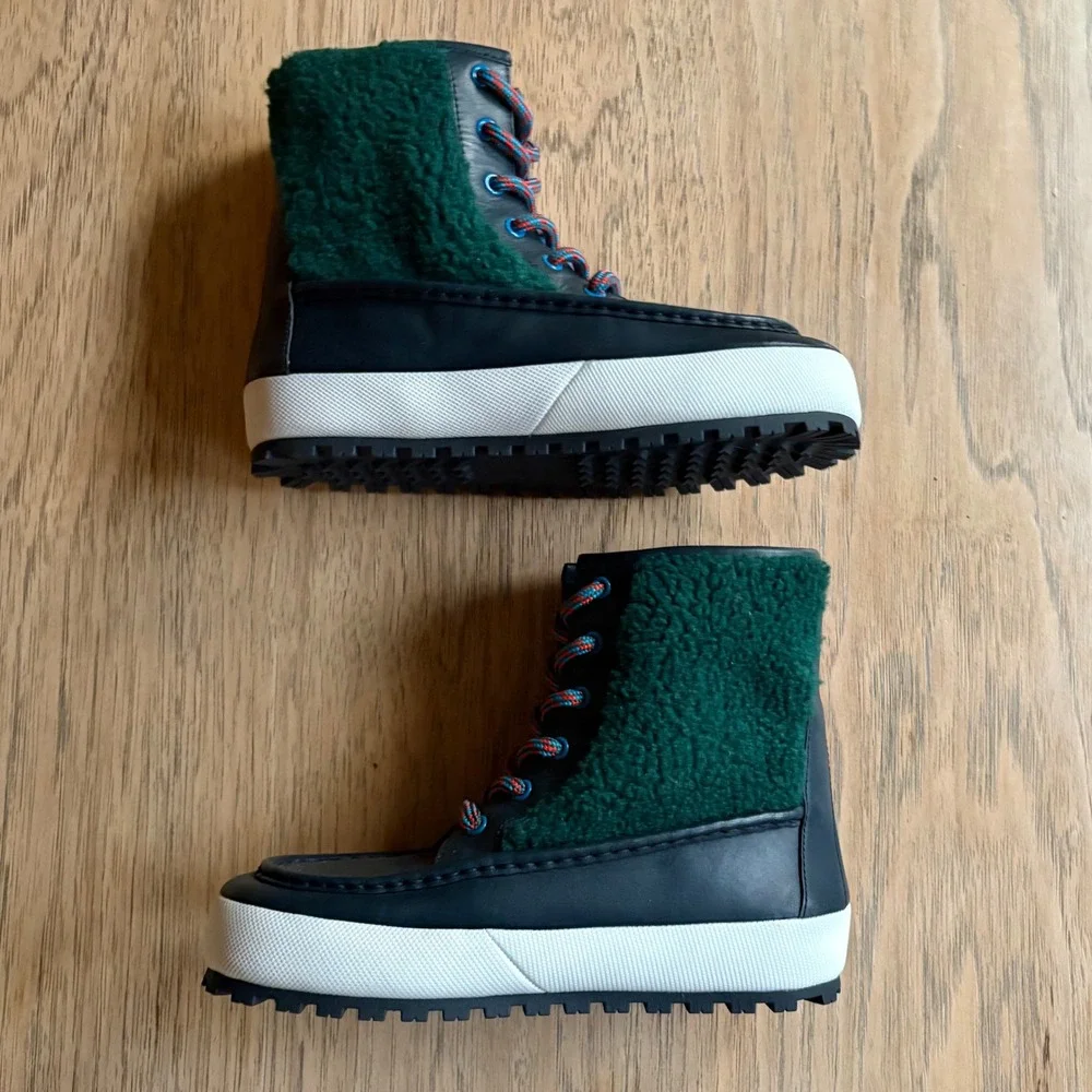 $298 NWOB TORY SPORT Leather/Shearling Winter Ankle Boots Navy Conifer‎ Red SZ 6